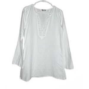 J crew white linen blend long sleeve v neck tunic dress top